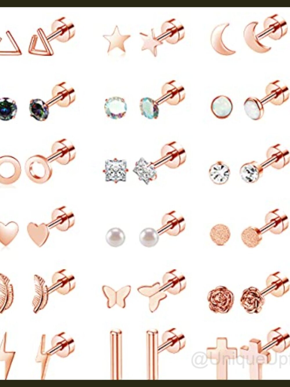 18 Pairs Flat Back Stud Earrings 20G Surgical Steel Hypoallergenic Screw Back